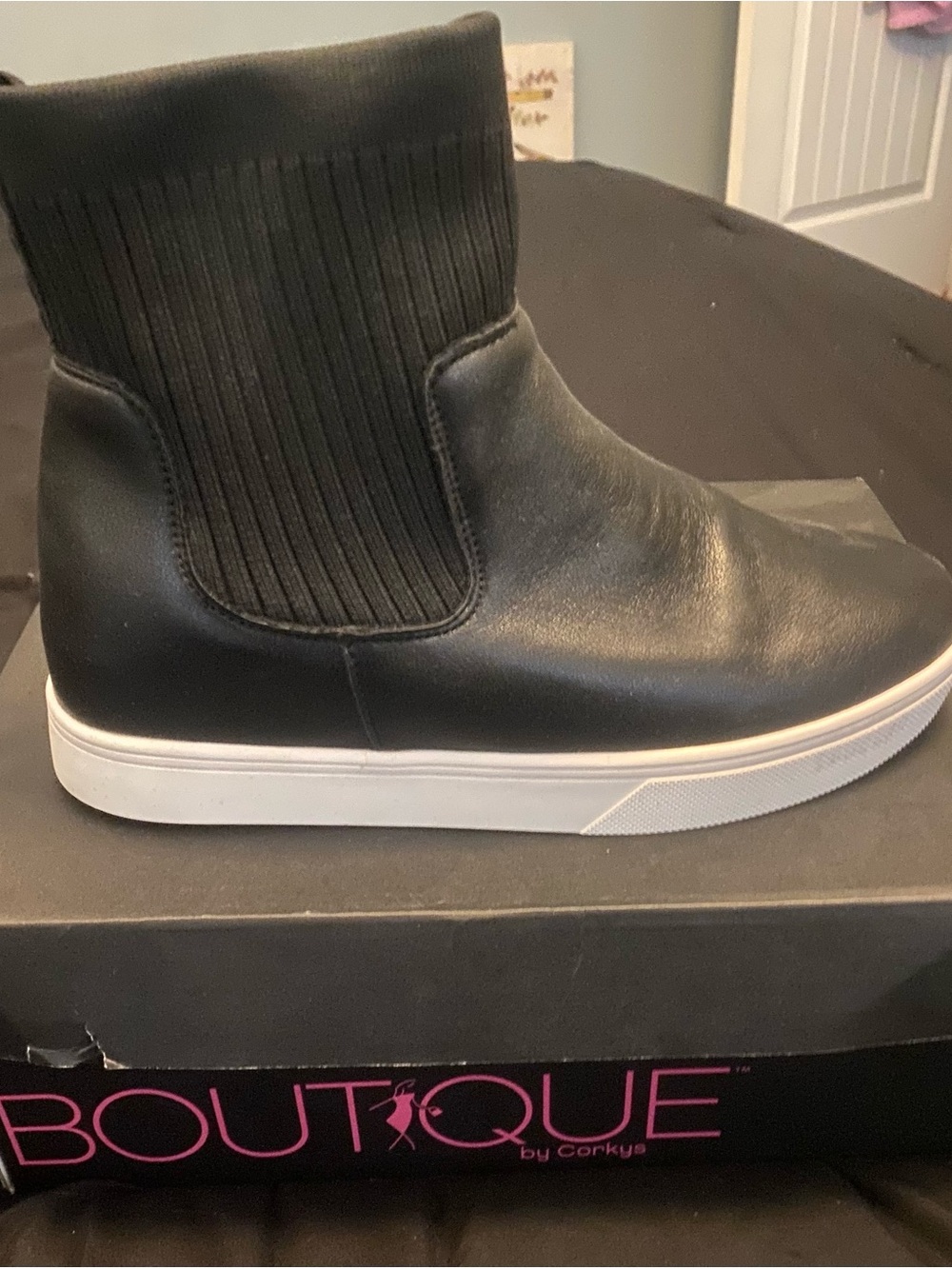Boutique by Corkys Black Slip-On Leather Ankle Booties with White Sole